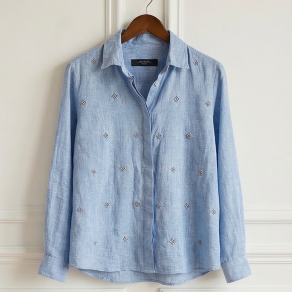 Weekend Max Mara Light Blue Embroidered Linen Button-Down Shirt - Picture 8 of 8